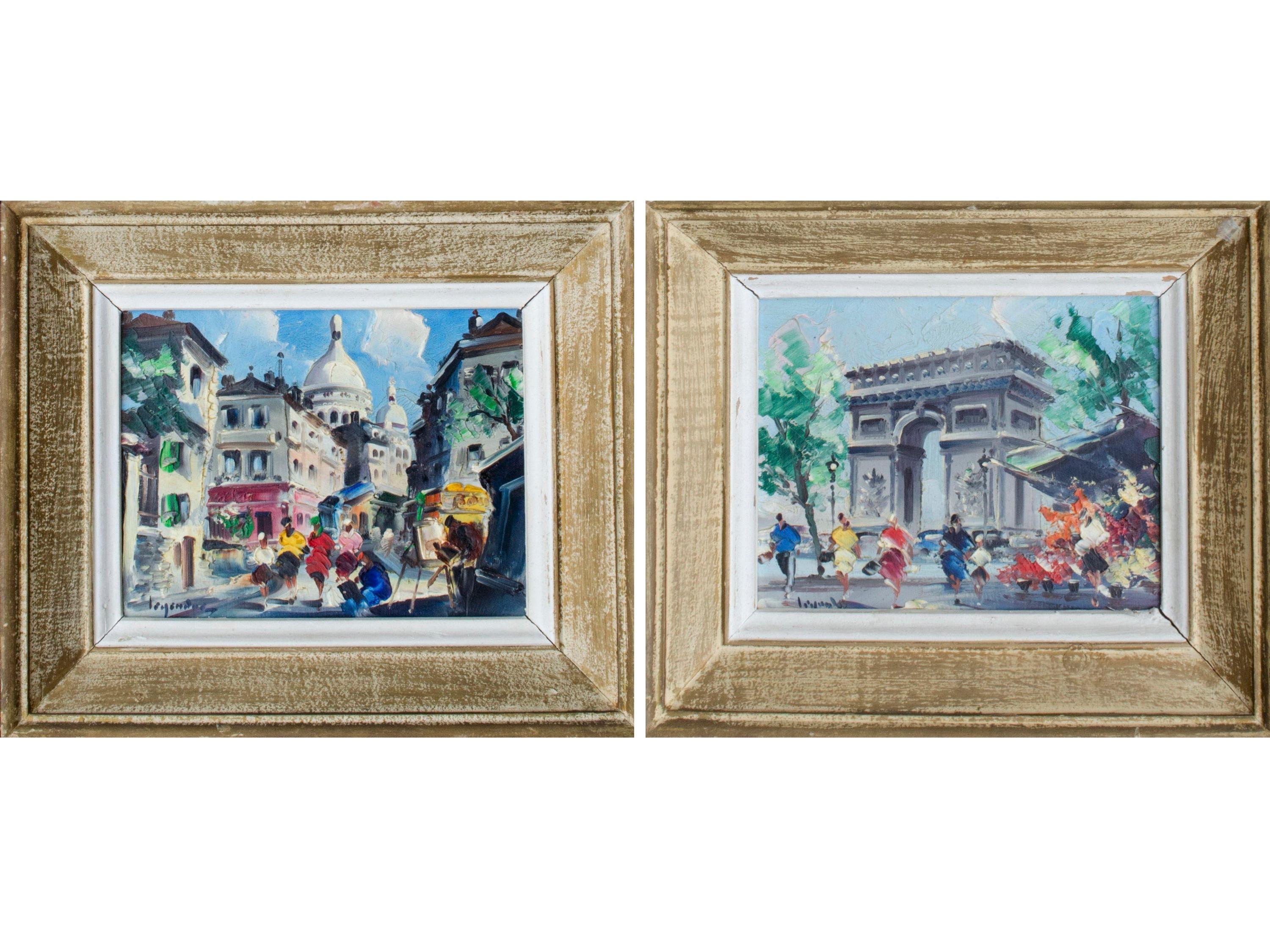 Maurice Legendre 

1. La Rue Norvins du Sacre-Coeur, c. Early 20th century

2. L'arc de Triomphe 

Oil on wood panel
5 1/2 x 7 1/8 in. (each)
Framed: 8 5/8 x 10 x 1 1/2 in. (each)
Signed lower left
Inscribed verso

Maurice Legendre was a noted