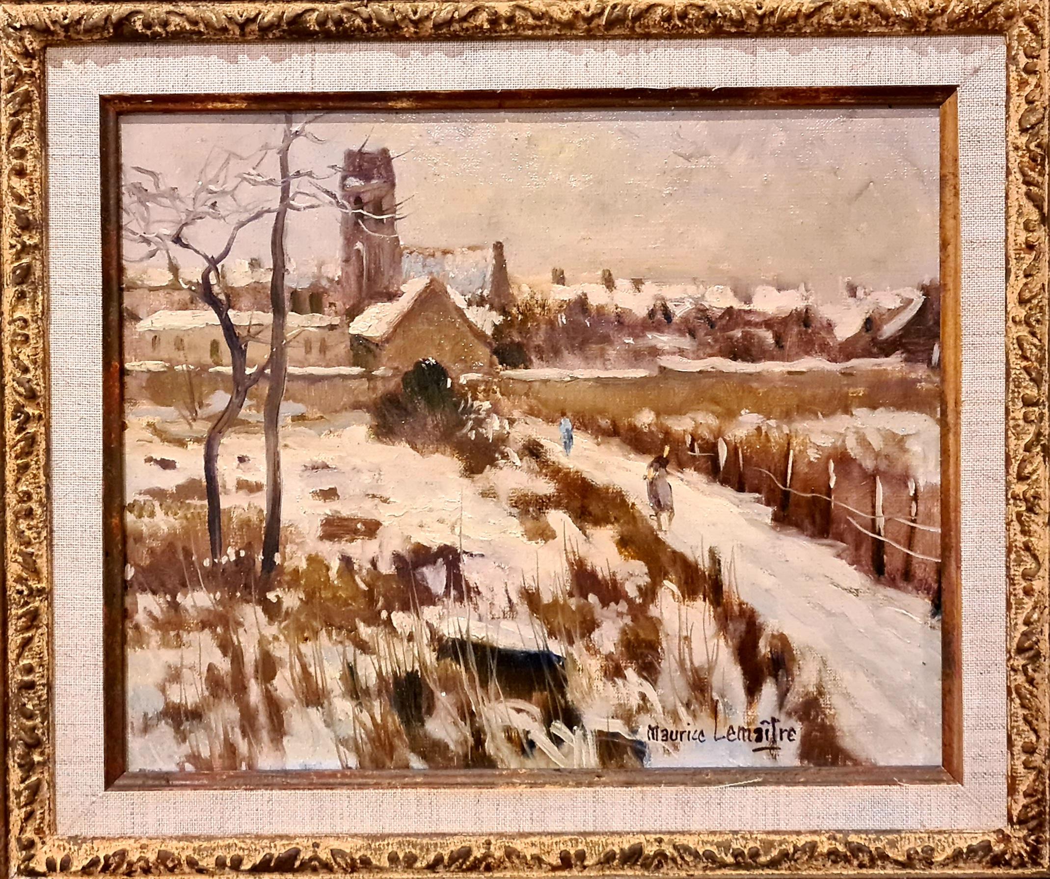 French Impressionist Oil on Canvas Snow Scene, Neige à Soignolles en Brie - Painting by Maurice Lemaître