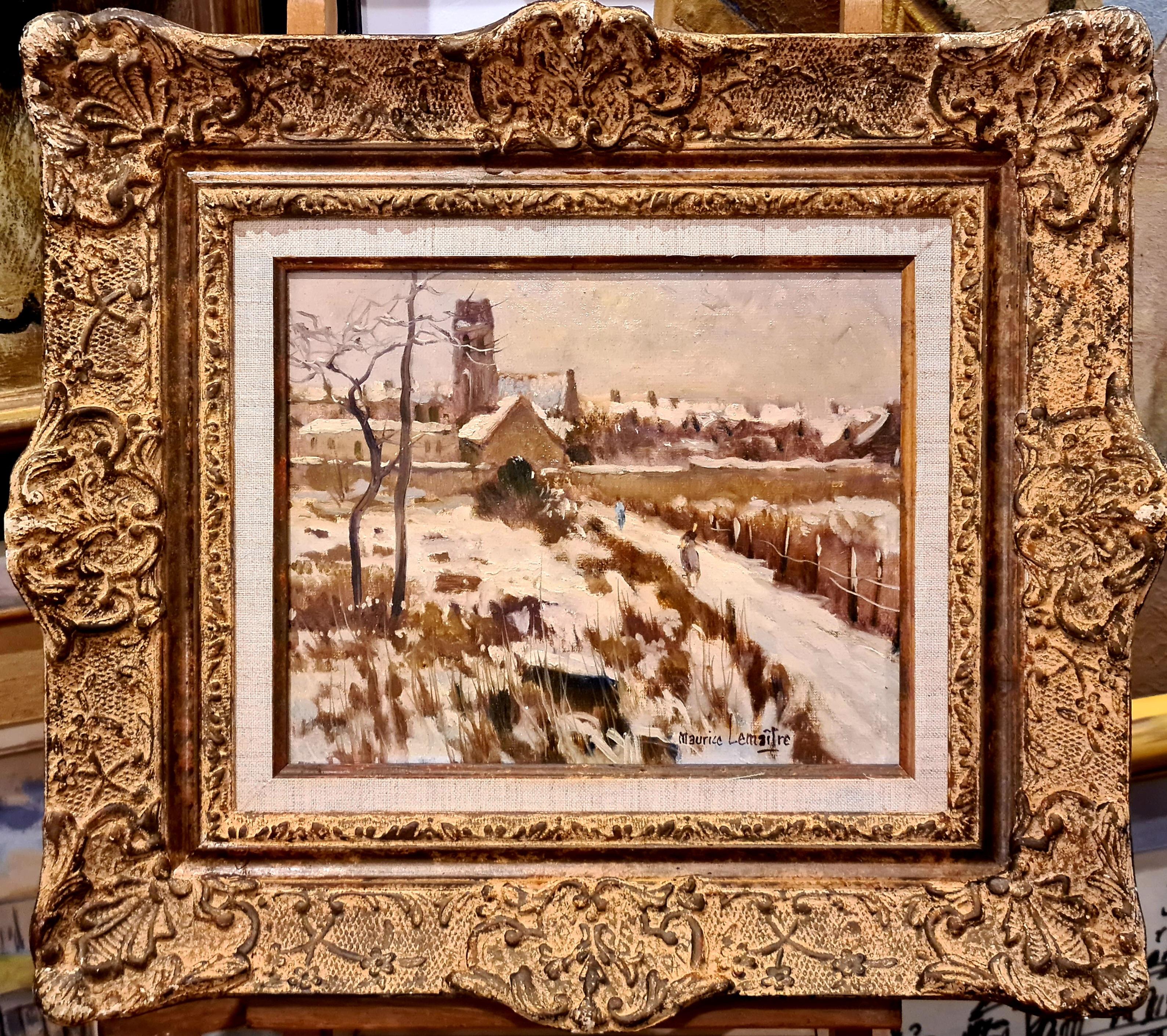 Maurice Lemaître Landscape Painting - French Impressionist Oil on Canvas Snow Scene, Neige à Soignolles en Brie