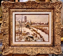 Huile sur toile impressionniste française Scène de neige, Neige à Soignolles en Brie