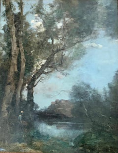 French Impressionist oil landscape, figure in the Barbizon forest near Paris