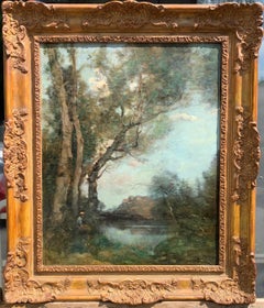 Antique French Impressionist oil landscape, figure in the Barbizon forest near Paris