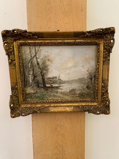 Antique Impressionist French river landscape from the Barbizon forest region 