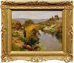 Antique Vallée du Thouet à Thouars French River Landscape and Artist Circa 1920