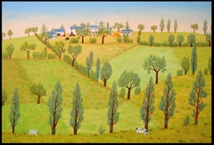 Paisaje rural - Enorme Pintura al óleo francesa de mediados del siglo XX Árboles Vacas Verano