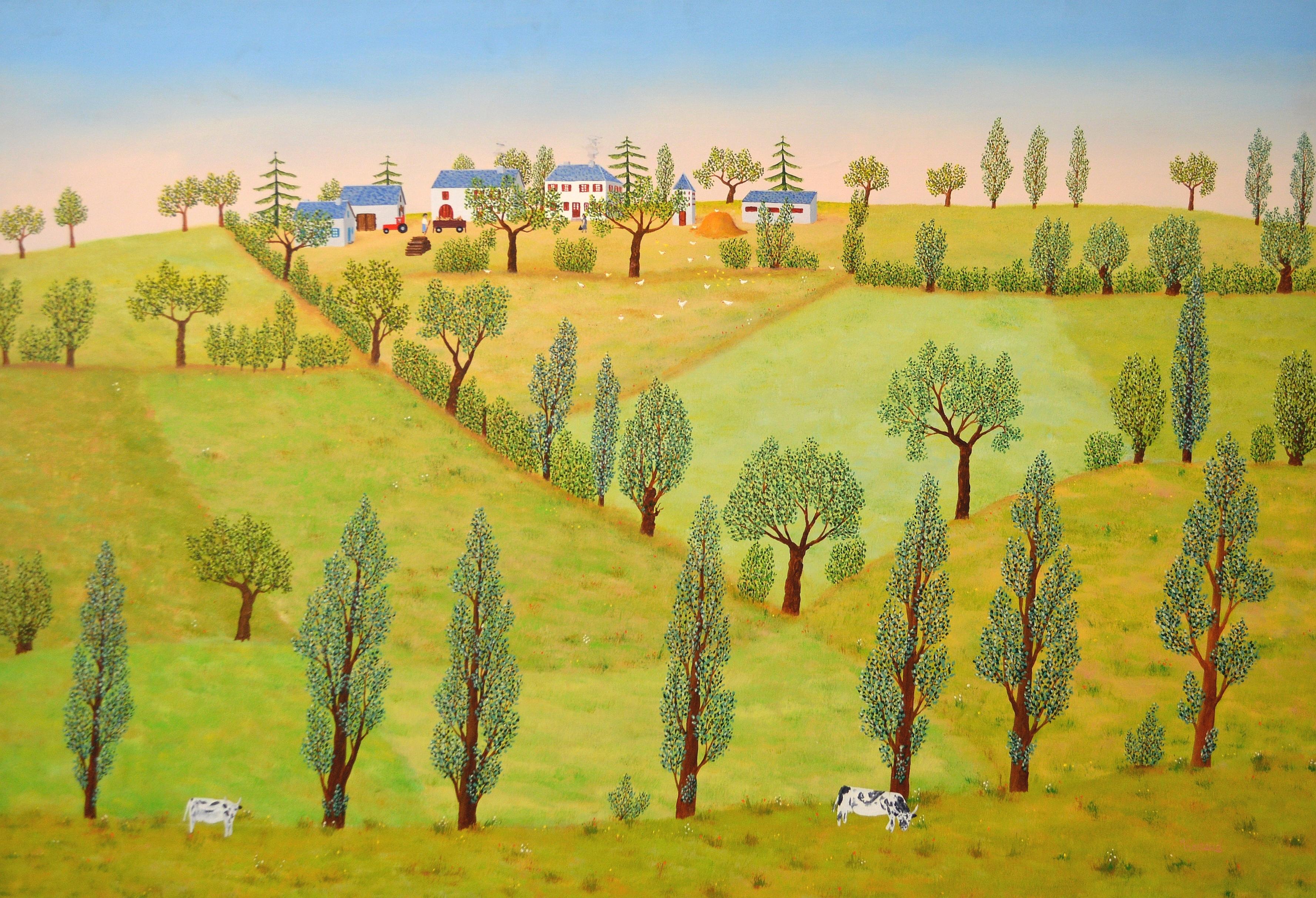 Landscape Painting Maurice Loirand - Paysage de campagne - Immense peinture à l
huile du milieu du 20e siècle sur les arbres et les vaches en été