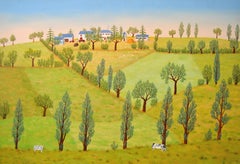 Land Landschaft - Huge Mid 20th Century Französisch Bäume Kühe Sommer Ölgemälde