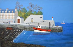 Dinard, Bretagne - Immense peinture à l'huile du milieu du 20e siècle sur la côte bretonne française
