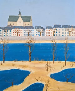 La Loire, Orleans - Pintura al óleo de mediados del siglo XX Paisaje fluvial francés Naïf