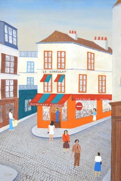 Le Consulat Café - Large Mid 20th Century French Naïf Montmartre Paris Painting
