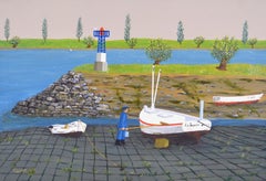 Le Nettoyage du Bateau - Mid 20th Century French Boat Fisherman Oil Painting