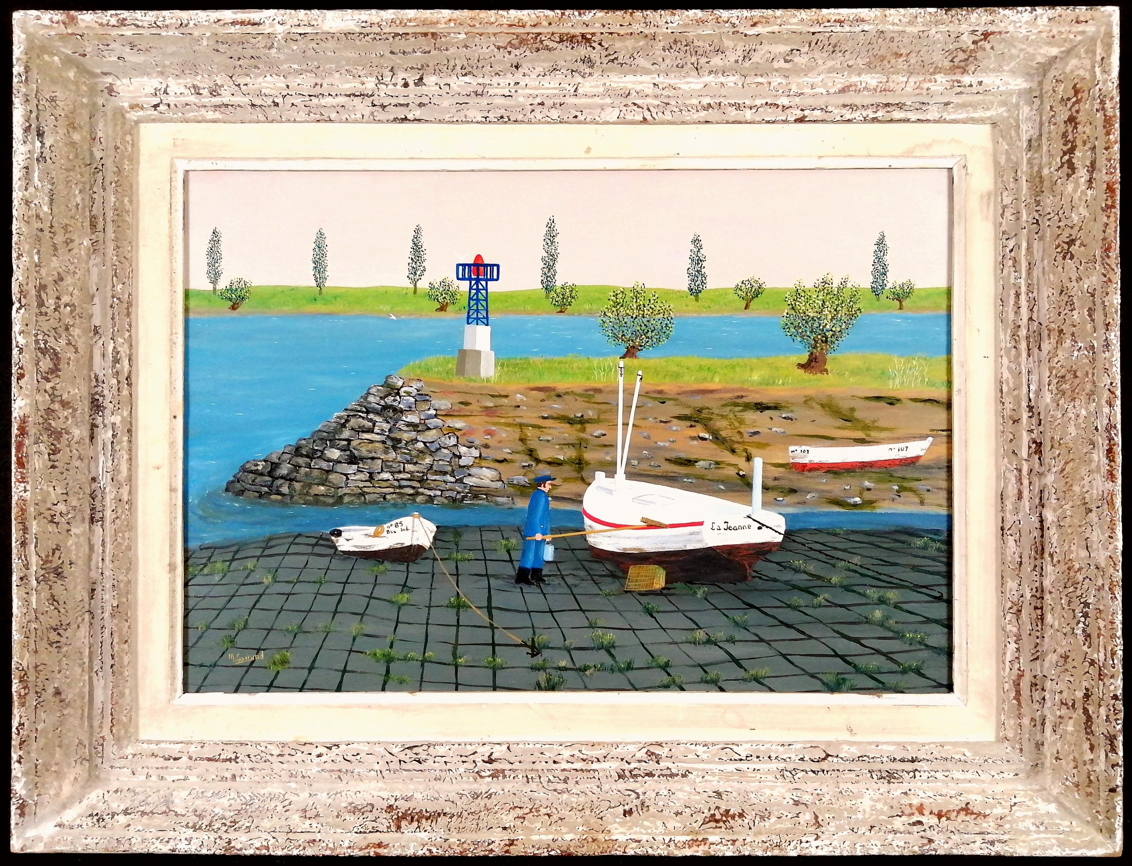 Le Nettoyage du Bateau - Mid 20th Century French Boat Fisherman Oil Painting