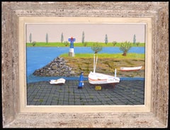 Le Nettoyage du Bateau - Mid 20th Century French Boat Fisherman Oil Painting