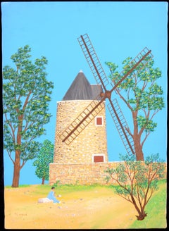 Le Poète et le Moulin - Mid 20th Century French Naïf Landscape Oil Painting
