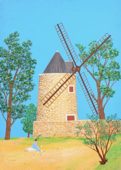Le Poète et le Moulin - Mid 20th Century French Naïf Landscape Oil Painting