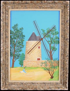 Le Poète et le Moulin - Mid 20th Century French Naïf Landscape Oil Painting