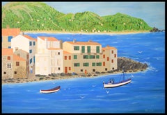 Saint Florent, Corse - Huge Mid 20th Century French Corsica Coastal Oil Painting