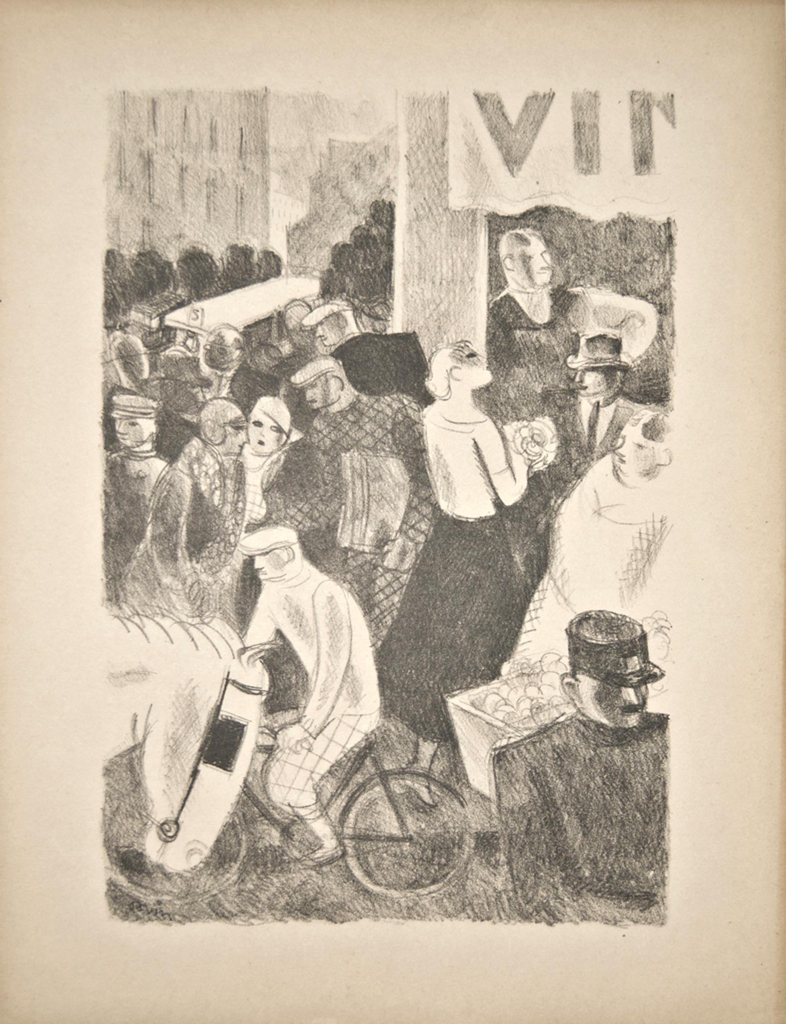 Maurice Louis Savin Figurative Print - Marketplace - Original Lithograph by M. L. Savin 