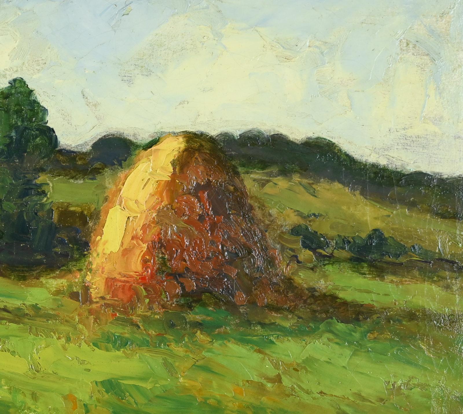 Les meules de foin - Brown Landscape Painting by Maurice LOUVRIER