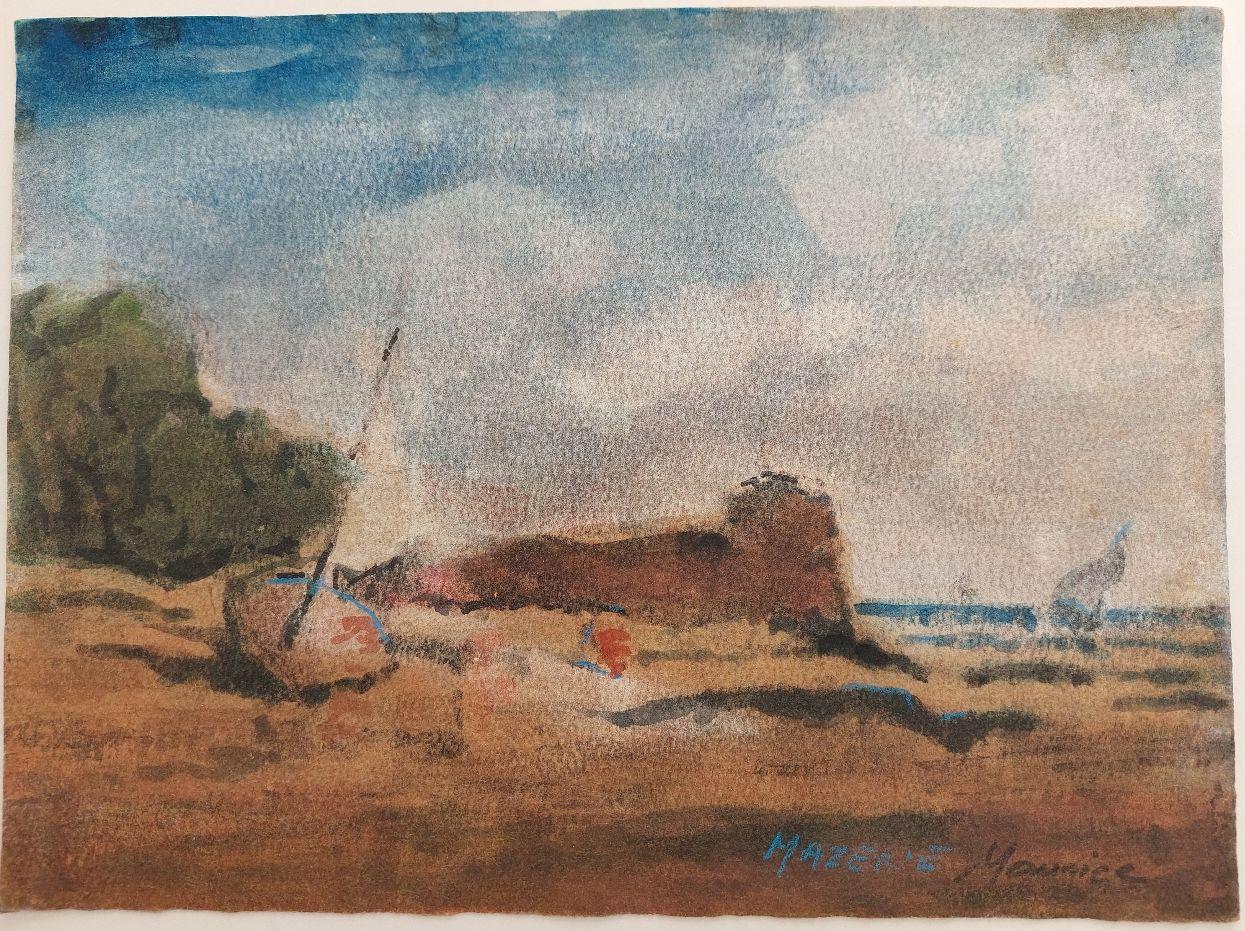 French Modernist Cubist Painting Boat Pulled Up on the Shore - Brown Landscape Painting by Maurice Mazeilie