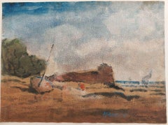 French Modernist Cubist Painting Boat Pulled Up on the Shore