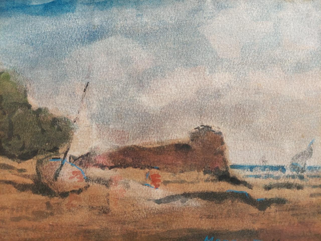 Boat pulled up on the beach
by Maurice Mazeilie (French, 1924-2021)
watercolor painting on artist paper, unframed
signed lower right
stamped verso

painting: 14.7 inches x 10.8 inches

A delightful original painting by the 20th century French