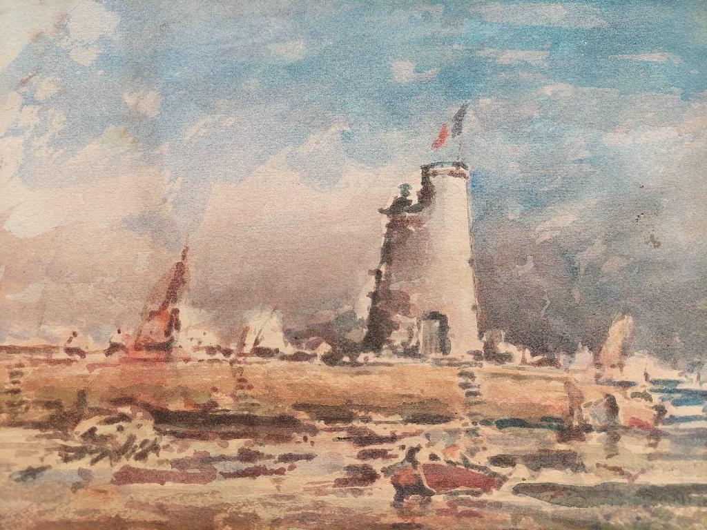 Rocky Coastal Vista
by Maurice Mazeilie (French, 1924-2021)
watercolor painting on artist paper, unframed
unsigned
stamped verso

painting: 10.8 inches x 14.8 inches (due to the uneven nature of the sheet edges this has been measured to exclude