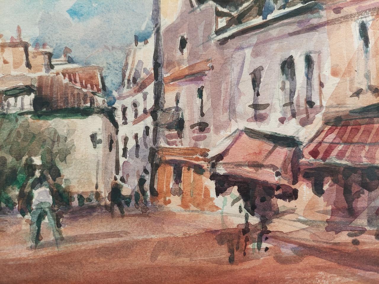Bustling Paris street scene, Paris.
By Maurice Mazeilie (French, 1924-2021).
Watercolor painting on artist paper, unframed.
unsigned.
Stamped verso.

Measures: painting: 9.8 inches x 12.75 inches.

A delightful original painting by the 20th century