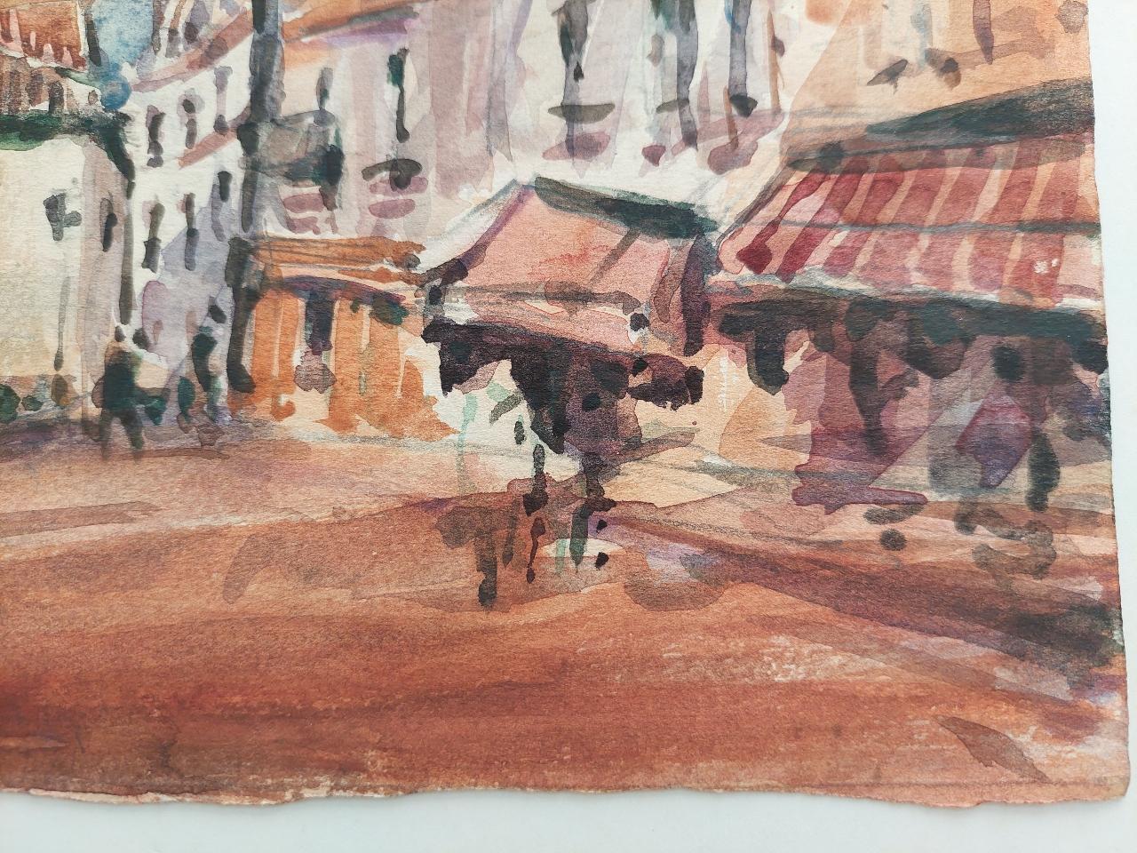French, Modernist Cubist Painting Bustling Paris Street Scene For Sale 1