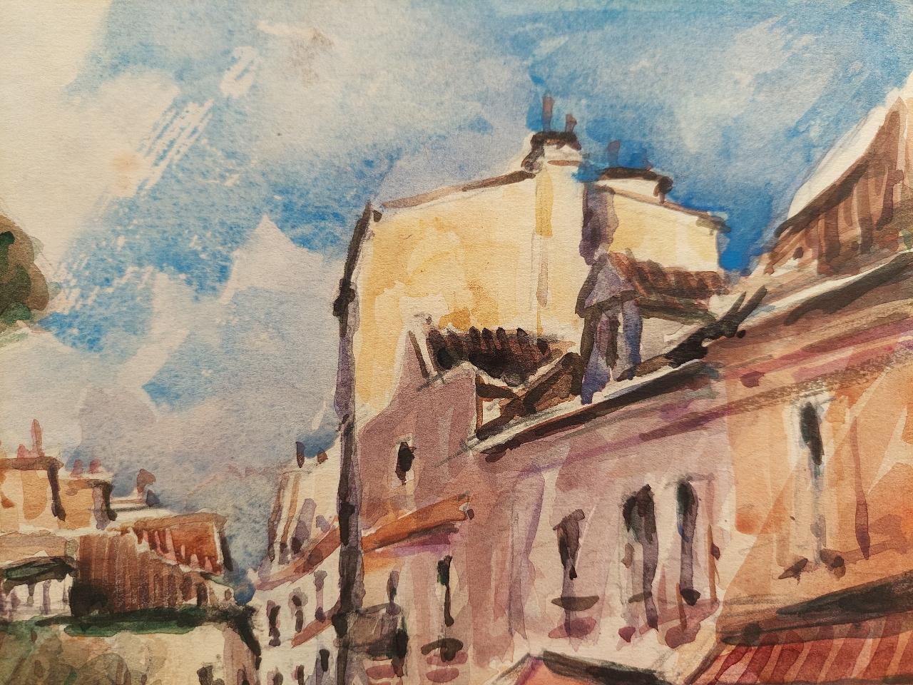 French, Modernist Cubist Painting Bustling Paris Street Scene For Sale 5
