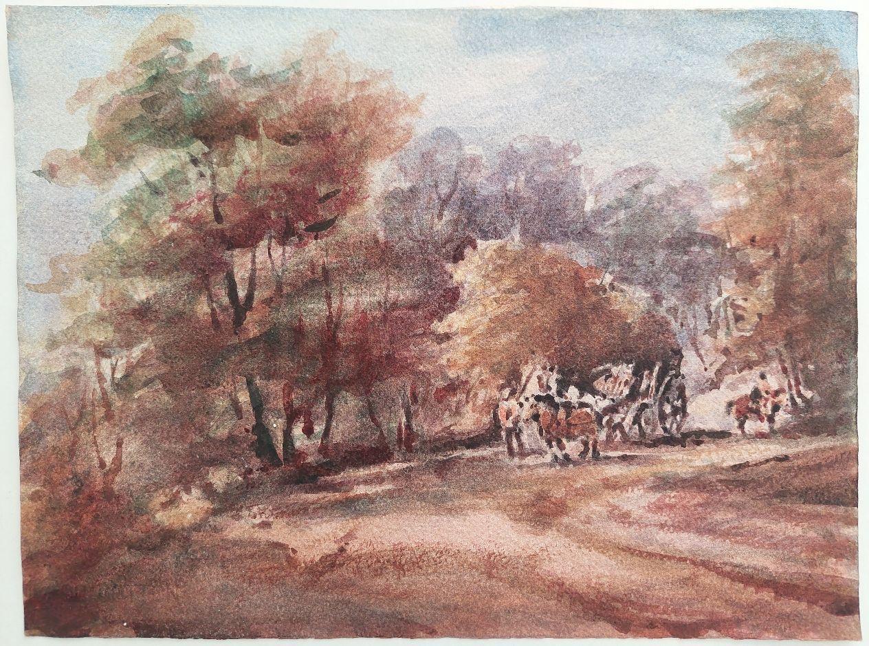 French Modernist Cubist Painting Country Scene with Horses and Cart - Brown Landscape Painting by Maurice Mazeilie