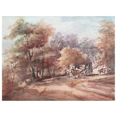 French Modernist Cubist Painting Country Scene with Horses and Cart