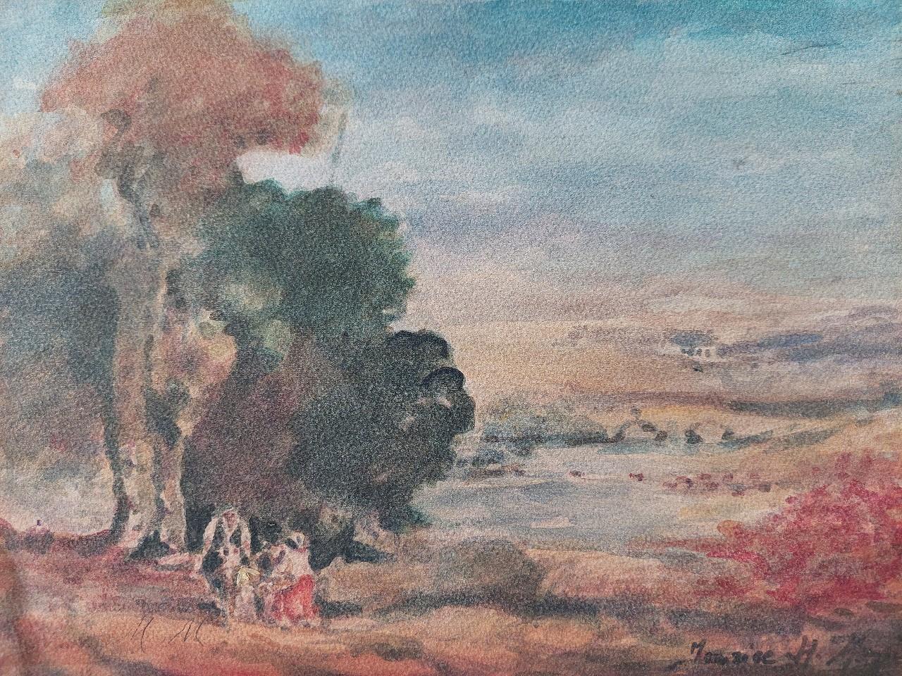Figures by a Coastal Inlet
by Maurice Mazeilie (French, 1924-2021)
watercolor painting on artist paper, unframed
signed front lower right and initialled lower left
stamped and signed verso

painting: 14.5 inches x 10.5 inches

A delightful original