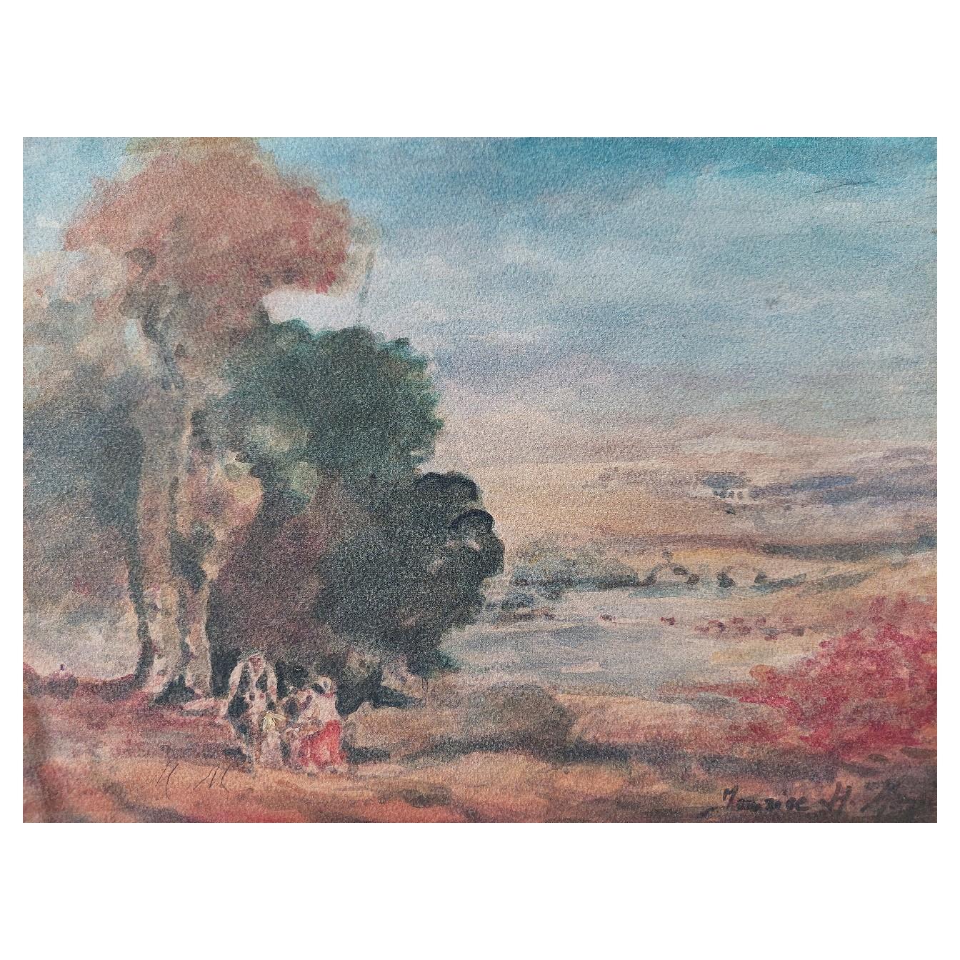 Maurice Mazeilie Landscape Painting - French Modernist Cubist Painting Figures at a Coastal Inlet