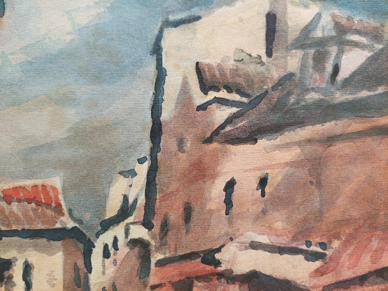 French Modernist Cubist Painting Figures in a Country Village Street For Sale 2