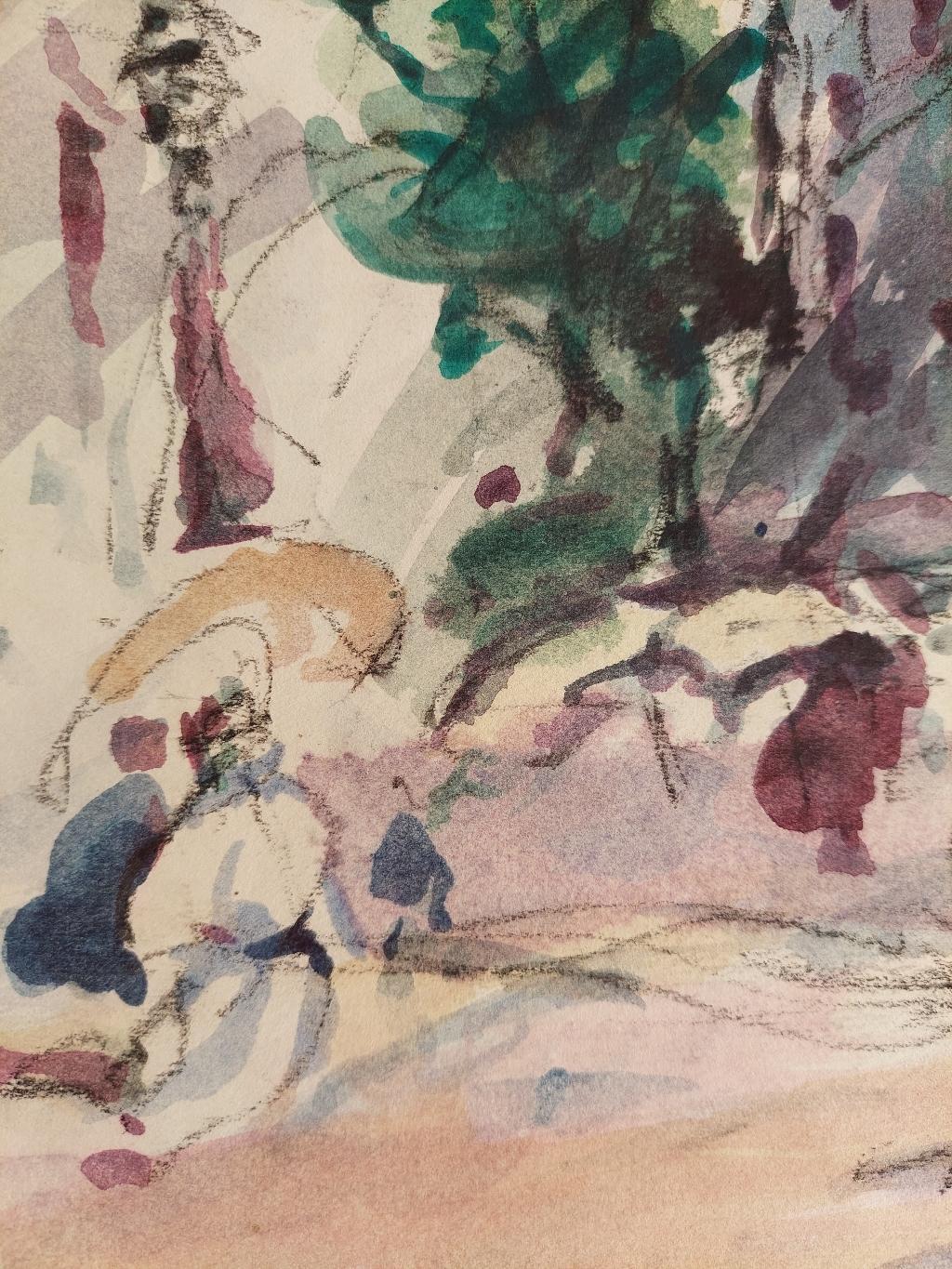 Figures in a Parisian street.
By Maurice Mazeilie (French, 1924-2021).
Watercolor painting on artist paper, unframed.
Signed to the centre right on the building.
Stamped verso.

Measures: painting: 17.75 inches x 12.5 inches.

A delightful original