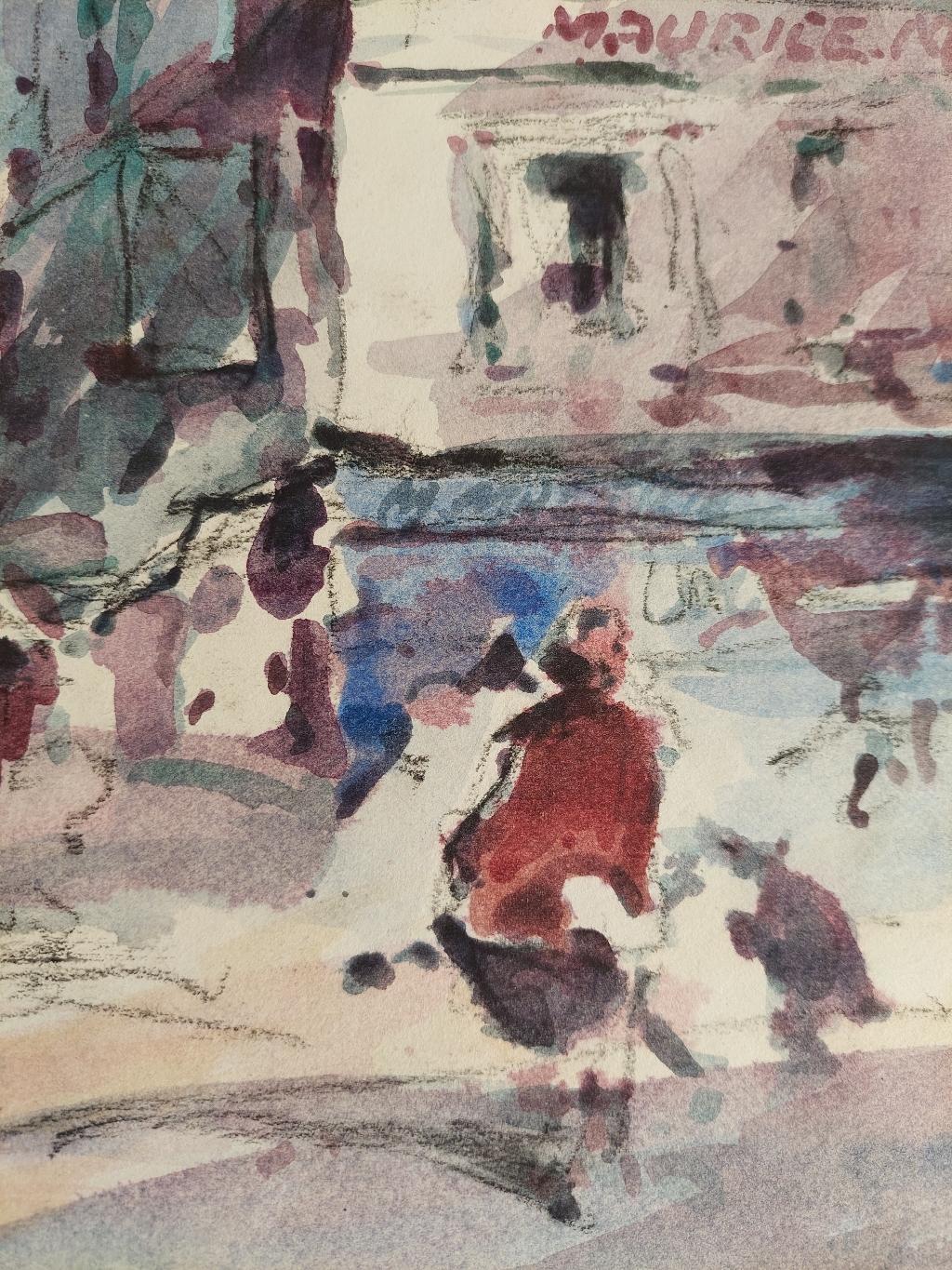 French, Modernist Cubist Painting Figures in a Parisian Street For Sale 1