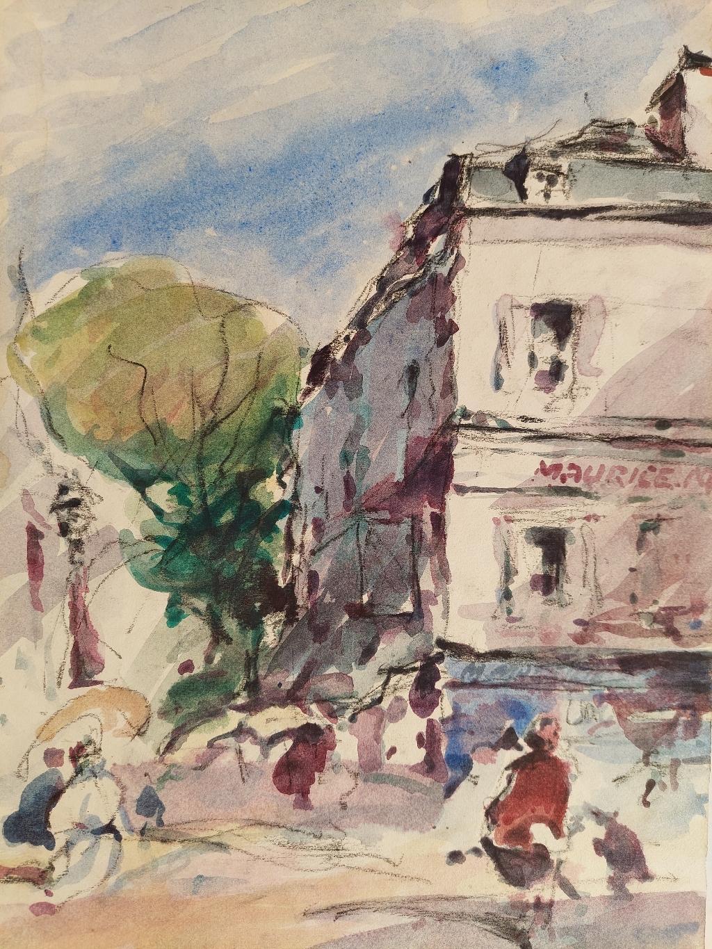 French, Modernist Cubist Painting Figures in a Parisian Street For Sale 6