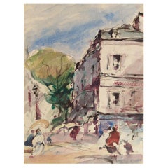 French, Modernist Cubist Painting Figures in a Parisian Street