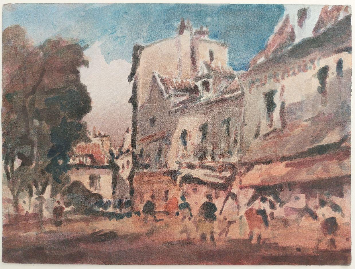 French Modernist Cubist Painting Figures in a Small Town - Brown Figurative Painting by Maurice Mazeilie