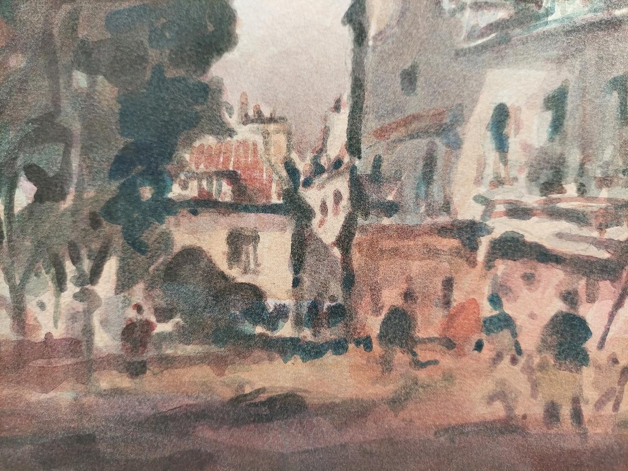 Figures in a small town.
by Maurice Mazeilie (French, 1924-2021).
Watercolor painting on artist paper, unframed.
Unsigned.
Stamped verso.

Painting: 12.5 inches x 9.3 inches.

A delightful original painting by the 20th century French Impressionist
