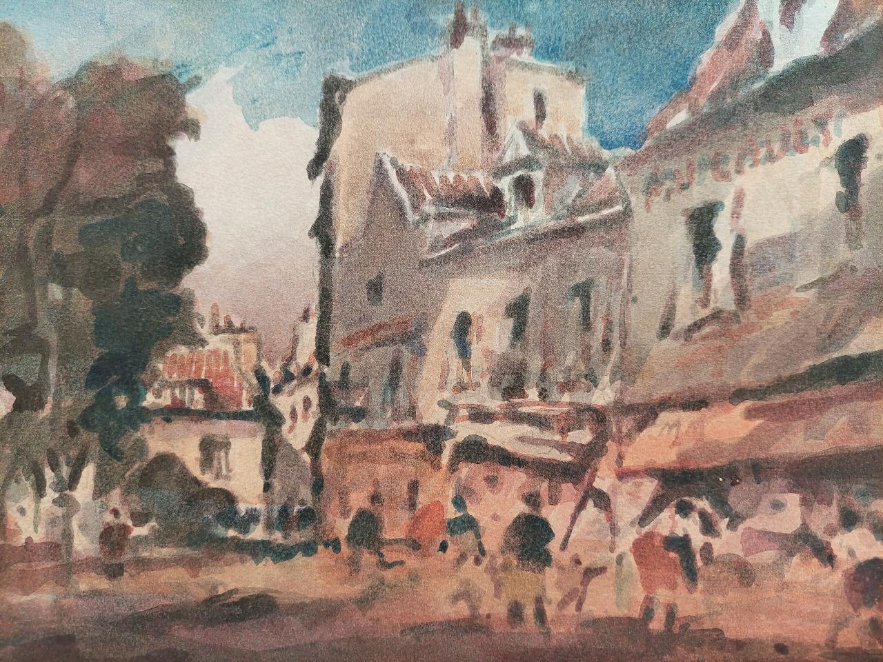 French Modernist Cubist Painting Figures in a Small Town For Sale 1