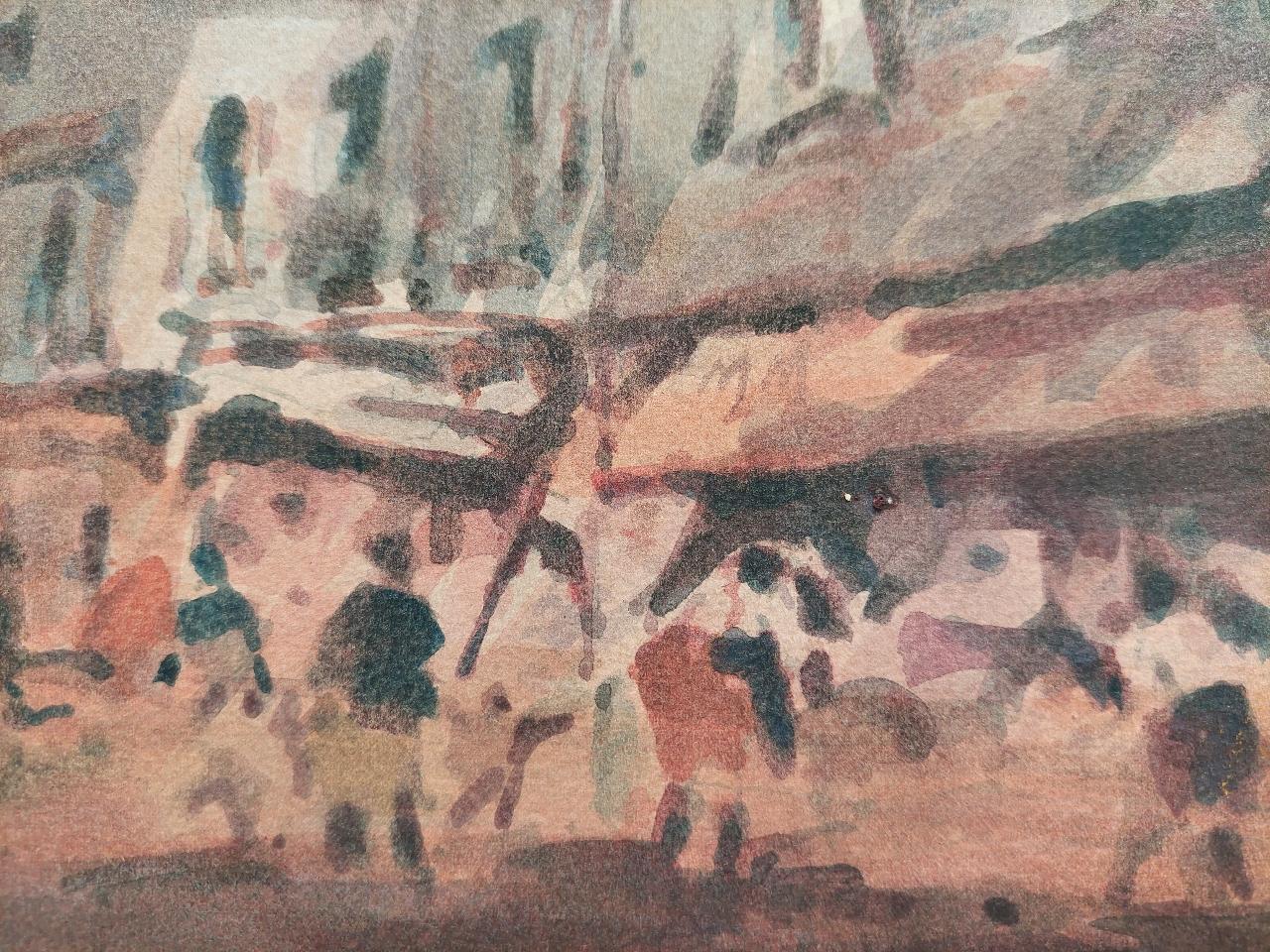 French Modernist Cubist Painting Figures in a Small Town For Sale 2