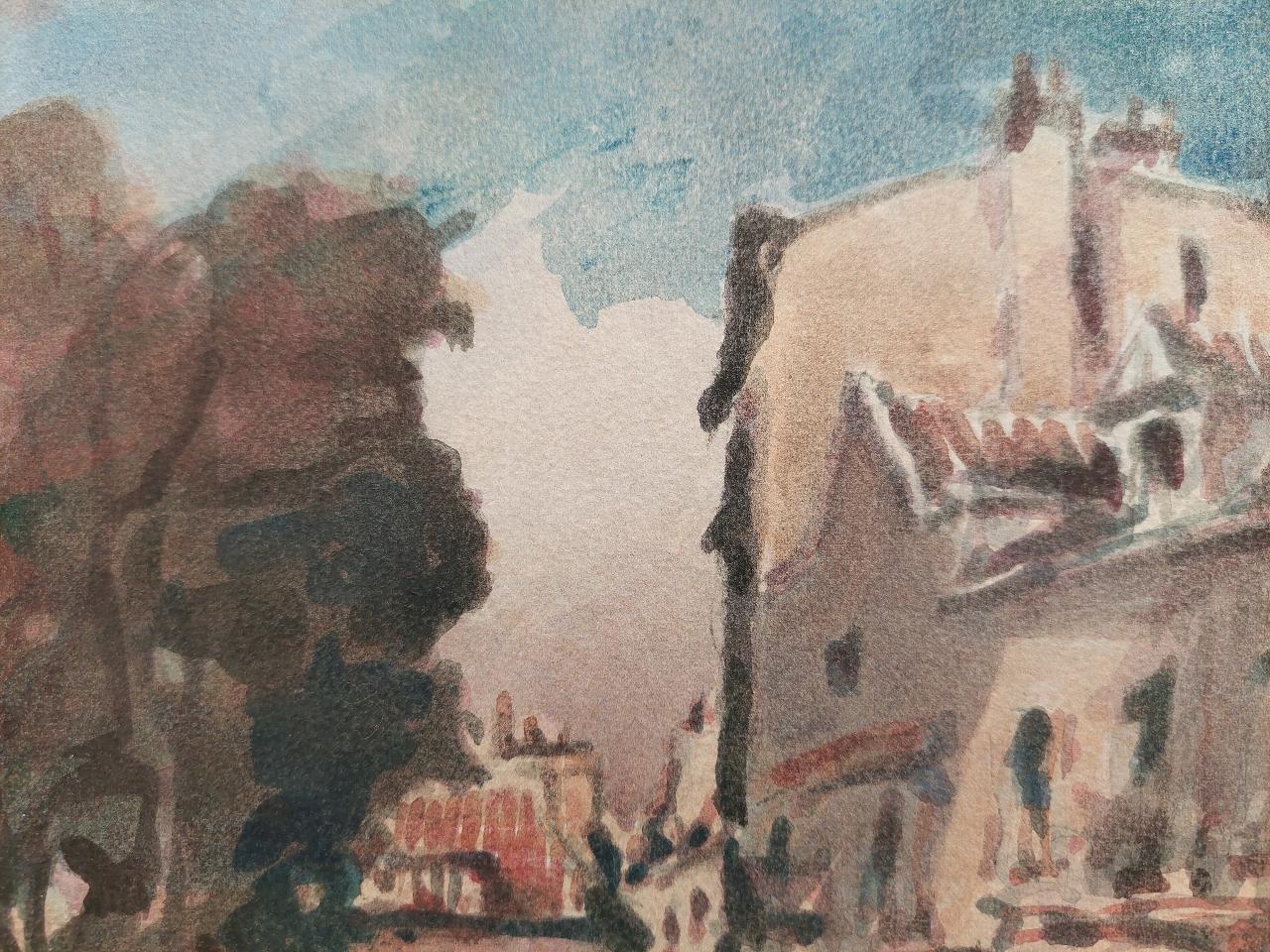 French Modernist Cubist Painting Figures in a Small Town For Sale 4