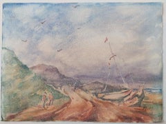 French Modernist Cubist Painting Figures Walking by the Beach