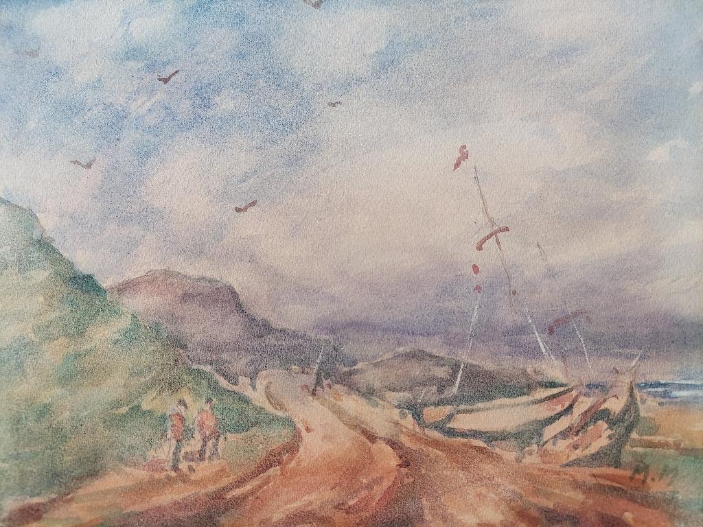 Figures walking by the Beach
by Maurice Mazeilie (French, 1924-2021)
watercolor painting on artist paper, unframed
initialled lower right
stamped verso

Measures: Painting: 14.5 inches x 10.75 inches

A delightful original painting by the 20th