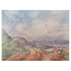 French Modernist Cubist Painting Figures Walking by the Beach