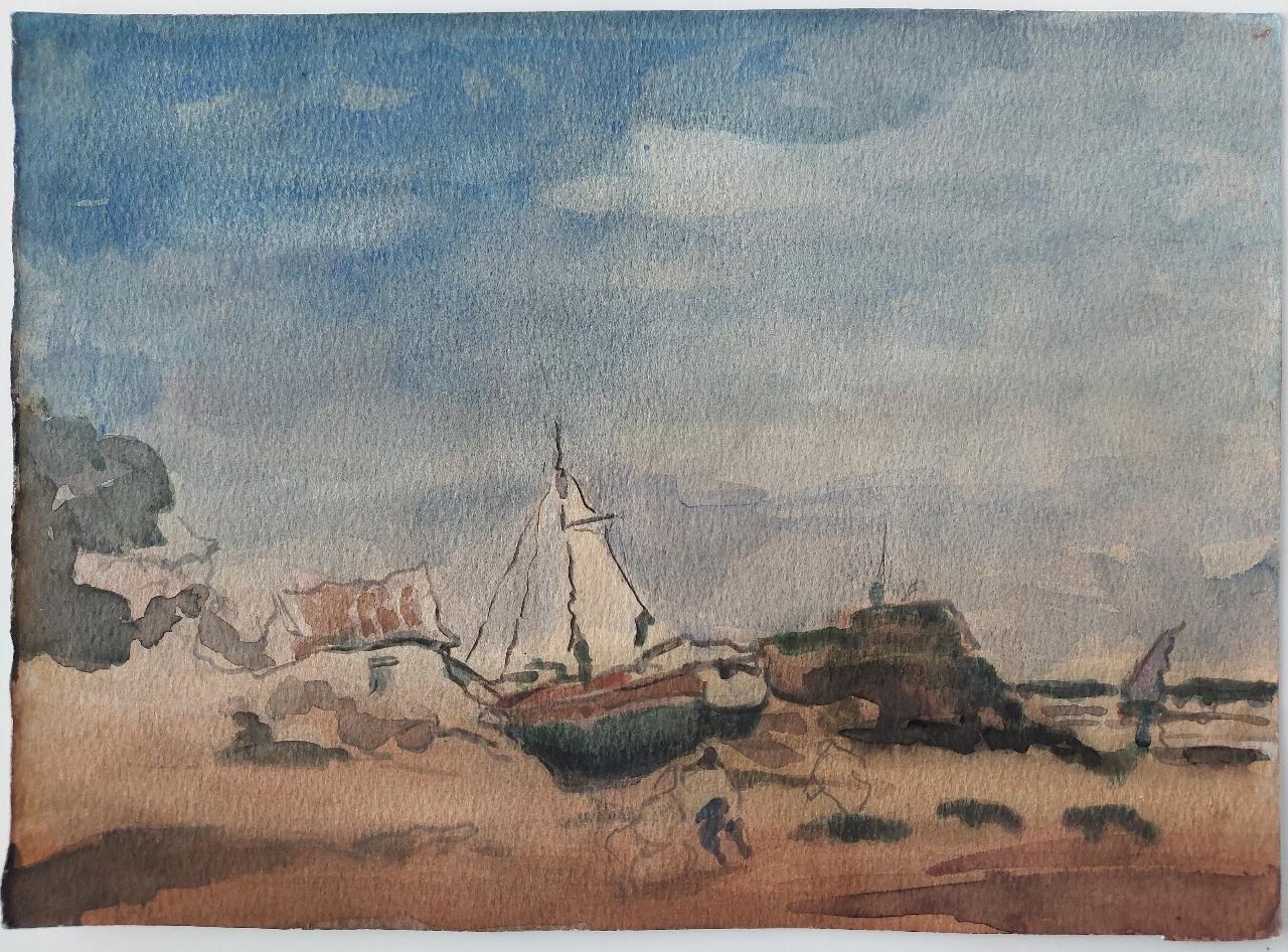 French Modernist Cubist Painting Fishing Boats on Rocky Coast - Gray Landscape Painting by Maurice Mazeilie