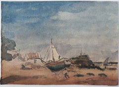 French Modernist Cubist Painting Fishing Boats on Rocky Coast