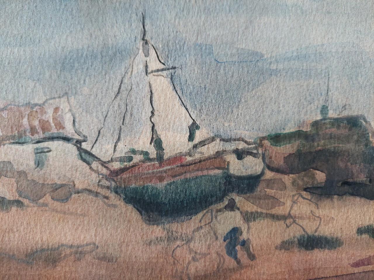 Fishing Boats on Rocky Coast
by Maurice Mazeilie (French, 1924-2021)
watercolor painting on artist paper, unframed
unsigned
stamped verso
one figure in foreground with two further figures unfinished in pencil

painting: 14.5 inches x 10.5 inches

A